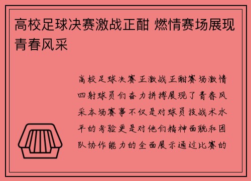 高校足球决赛激战正酣 燃情赛场展现青春风采