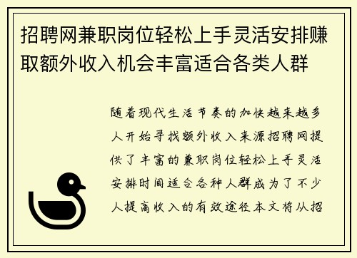 招聘网兼职岗位轻松上手灵活安排赚取额外收入机会丰富适合各类人群
